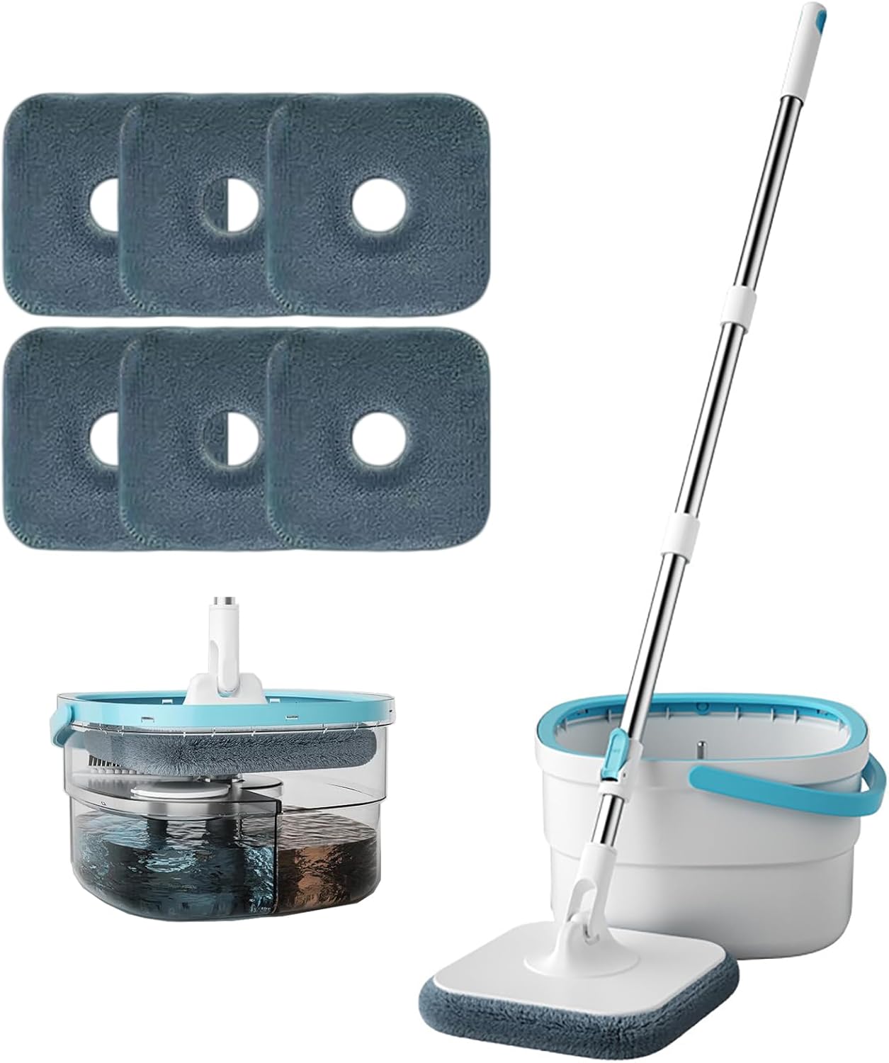 PureSpin Smart Mop & Bucket System – Self-Separating Clean & Dirty Water, 360° Flat Mop with 6 Microfibre Pads