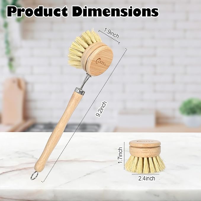 EcoScrub Bamboo Dish Brush Set – With Handle & 4 Soft Sisal Replacement Heads