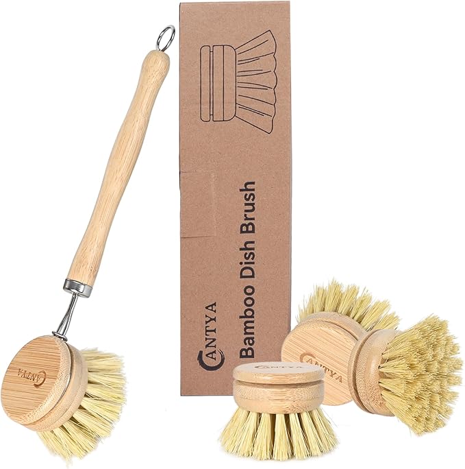 EcoScrub Bamboo Dish Brush Set – With Handle & 4 Soft Sisal Replacement Heads