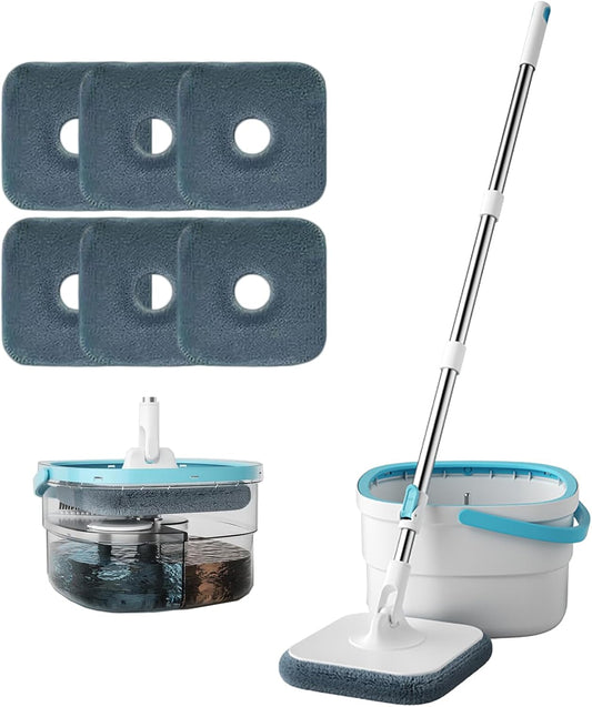 PureSpin Smart Mop & Bucket System – Self-Separating Clean & Dirty Water, 360° Flat Mop with 6 Microfibre Pads