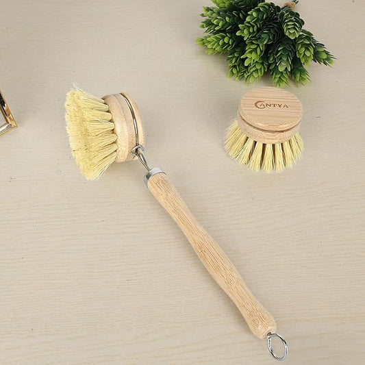 EcoScrub Bamboo Dish Brush Set – With Handle & 4 Soft Sisal Replacement Heads