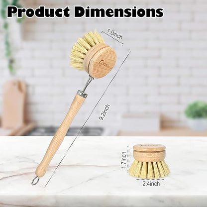 EcoScrub Bamboo Dish Brush Set – With Handle & 4 Soft Sisal Replacement Heads