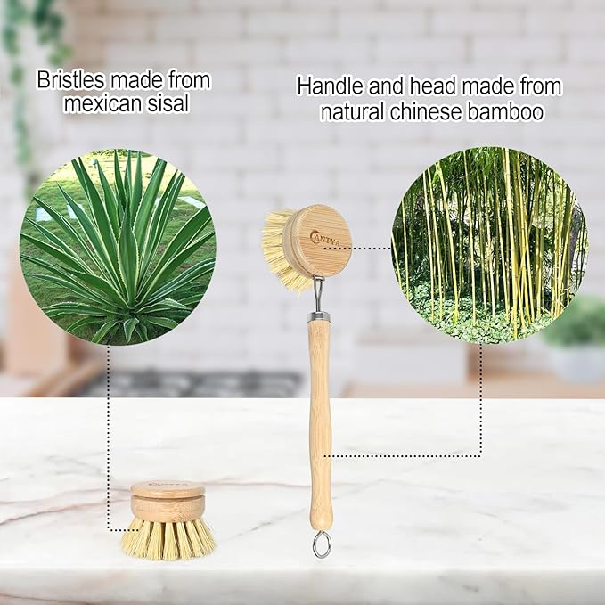 EcoScrub Bamboo Dish Brush Set – With Handle & 4 Soft Sisal Replacement Heads