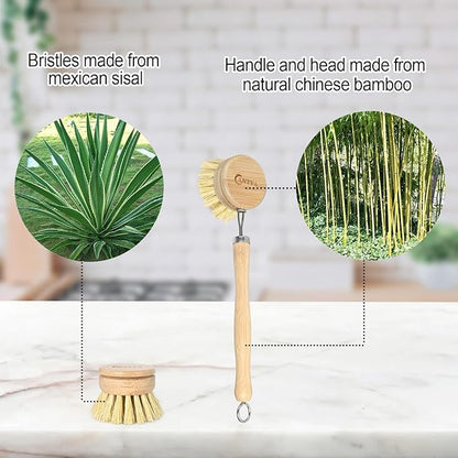 EcoScrub Bamboo Dish Brush Set – With Handle & 4 Soft Sisal Replacement Heads